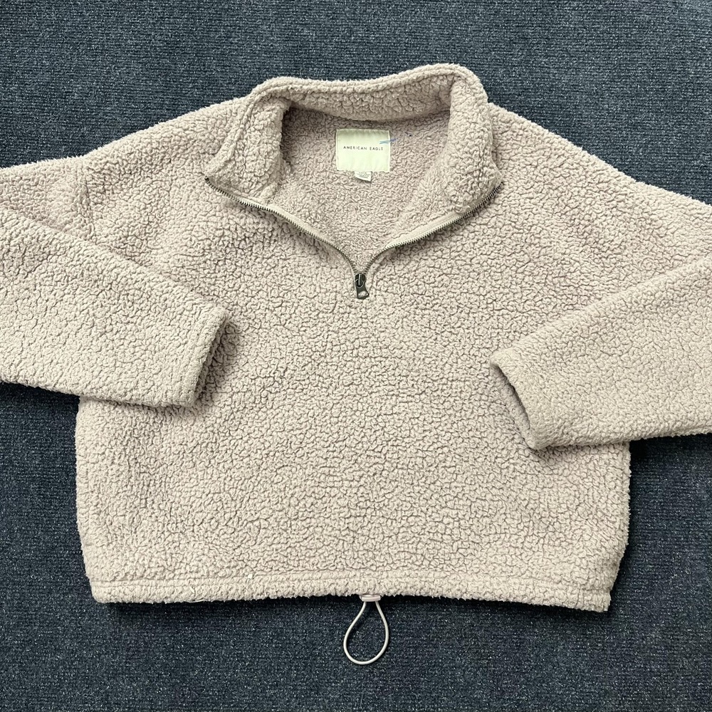 American Eagle Sweatshirt Womens Small Beige Sherpa Fleece Quarter Zip Pullover